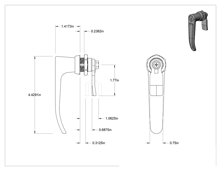Teknik Çizim - Sabit Kilitleme Mesafeli L-Kollu Kam Kilidi, Aynı Anahtarlı, Krom Kaplı Çinko, 1/4" Maksimum Kalınlık için