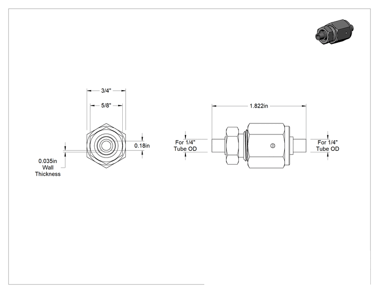 Teknik Çizim - Paslanmaz Çelik Borular için Titreşime Dayanıklı Ultra Parlak Contalı Bağlantı Parçaları, 1/4" Boru Dış Çapı x Alın Kaynağı için, 1-13/16" Uzunluk