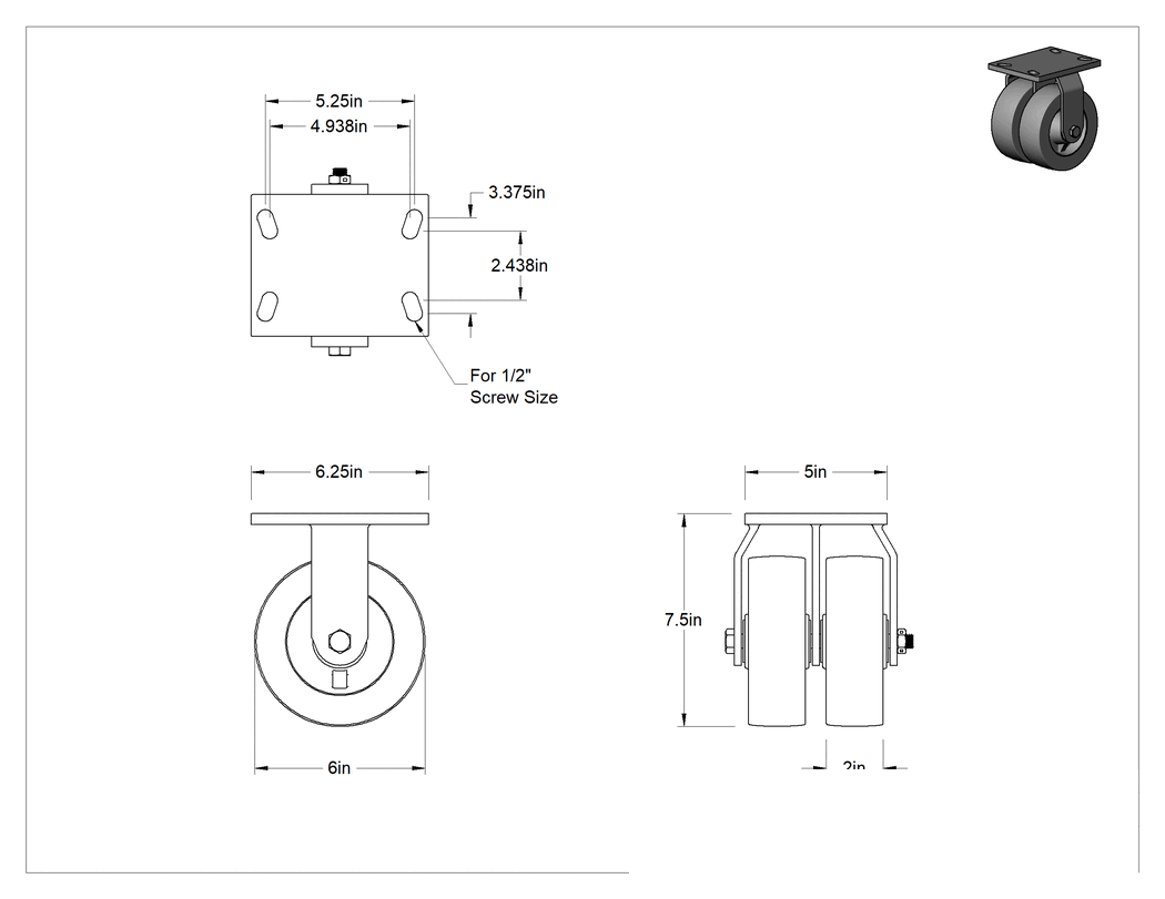 Teknik Çizim - Viking Tekerlek, Ekstra Yüksek Kapasiteli, 6" Çaplı Fenolik Tekerlekli Sert