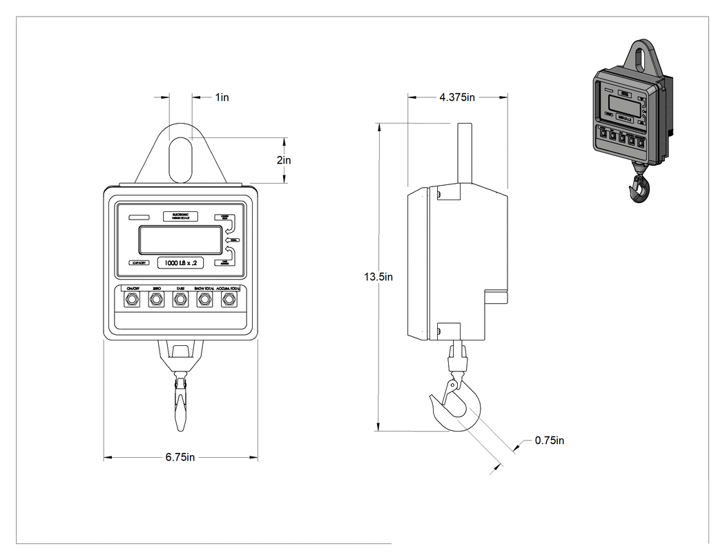 Teknik Çizim - Paslanma ve Aşınmaya Dayanıklı Dijital Asma Tartı, 1000 lb. Kapasite