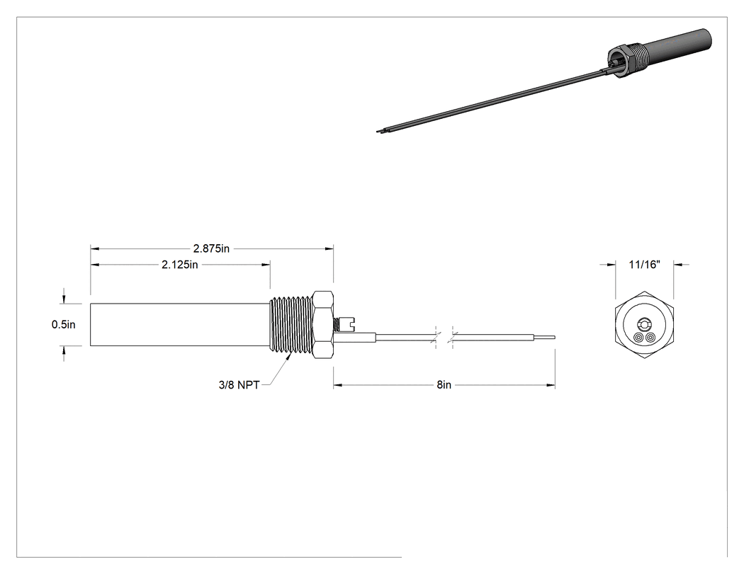 Teknik Çizim - Kompakt Sıcaklık Anahtarı, 1 Kapalı, SPST-NO, 3/8 NPT Erkek