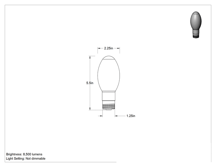Teknik Çizim - Ampul, Metal Halide, ED17 Konik, E26 Taban, 100W, 4200K