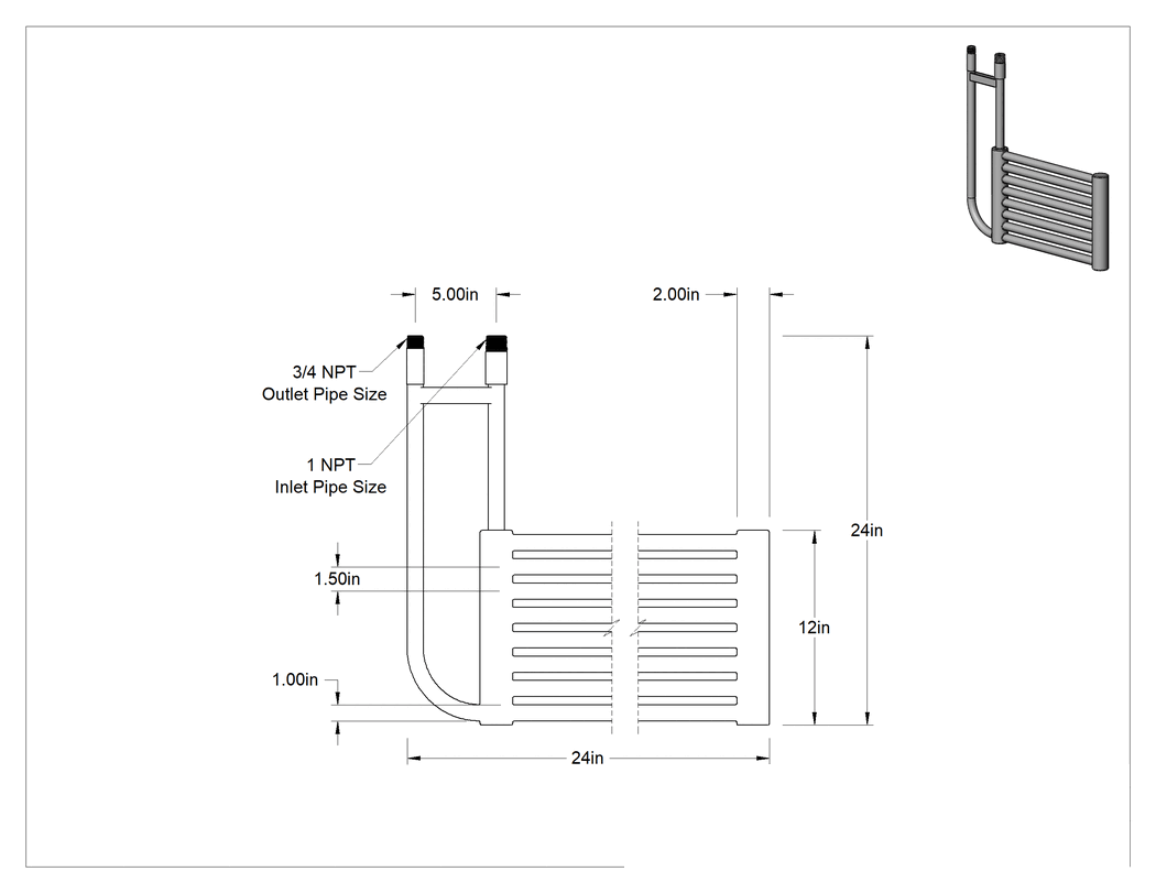 Teknik Çizim - Açık Tanklı Isı Değiştirici, Paslanmaz Çelik, 3.8 ft² Yüzey Alanı, 1 NPT Erkek Giriş