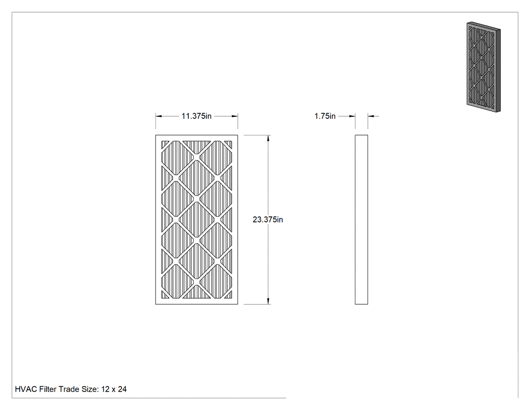Teknik Çizim - Ultra Verimli Pileli Panel Hava Filtresi, Koku Giderici, 2" Kalınlık, 12 x 24 Anma Ölçüsü