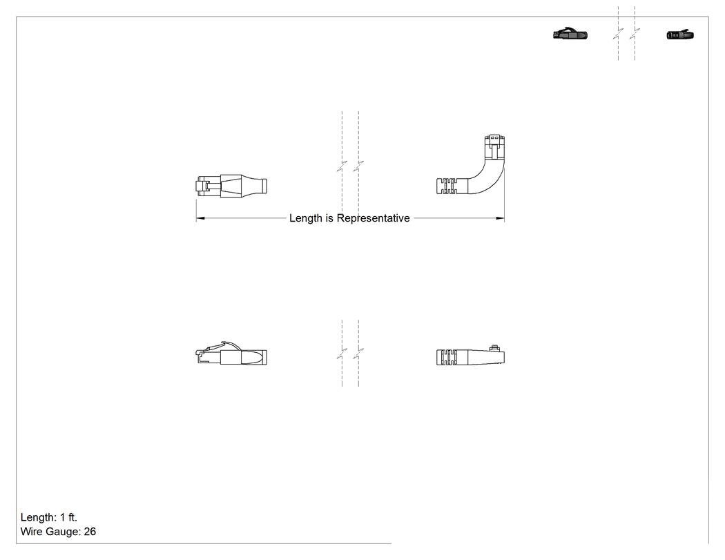 Teknik Çizim - Kategori 5E Ekranlı Ethernet Kablosu, RJ45 x 90 Derece Dirsek, 1 Fit Uzunluğunda