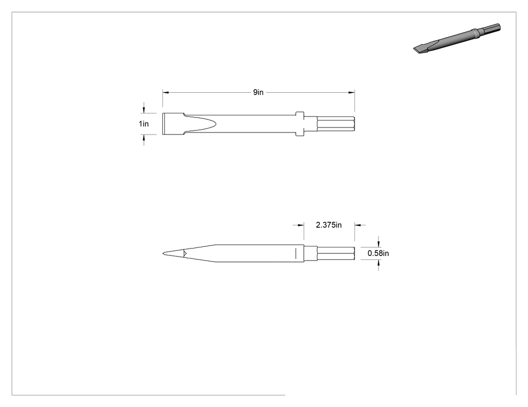 Teknik Çizim - Kırıcı Çekiçler için Keski Ucu, 0.58" Altıgen Şaft, Oval Yaka, 1" Düz Bıçak, 9 inç Toplam