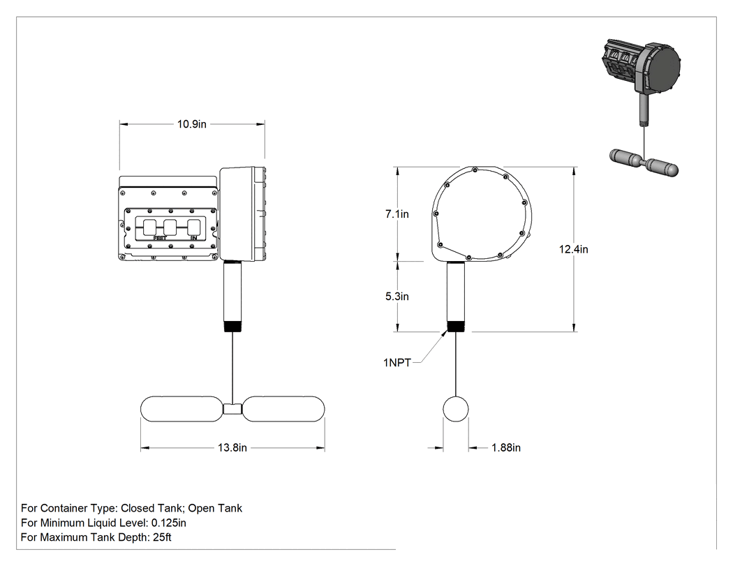 Teknik Çizim - Hassas Sıvı Seviye Göstergesi, 25 Fit Maksimum Tank Derinliği için, 13-13/16" Şamandıra Uzunluğu