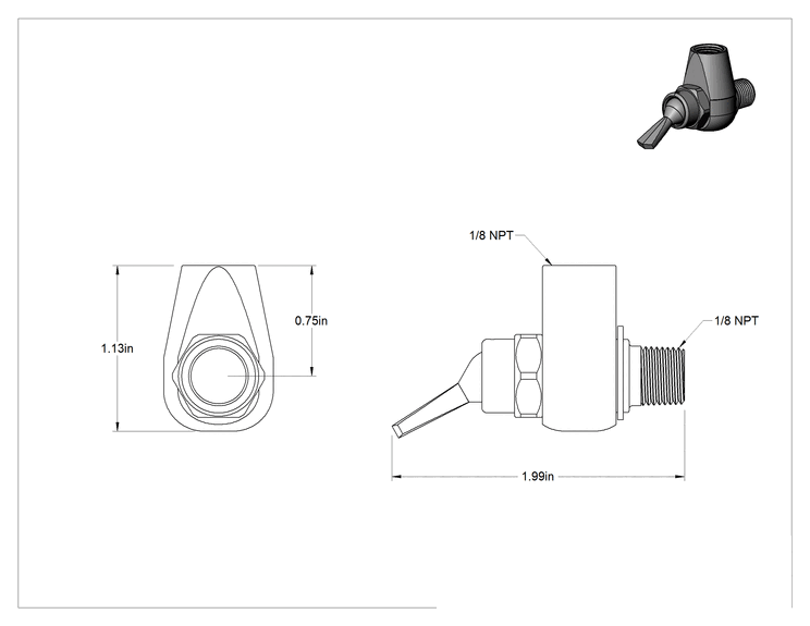Teknik Çizim - Döner Dişli Açma/Kapama Vanası, Toggle Anahtarlı, 1/8 NPT Erkek x 1/8 NPT Dişi