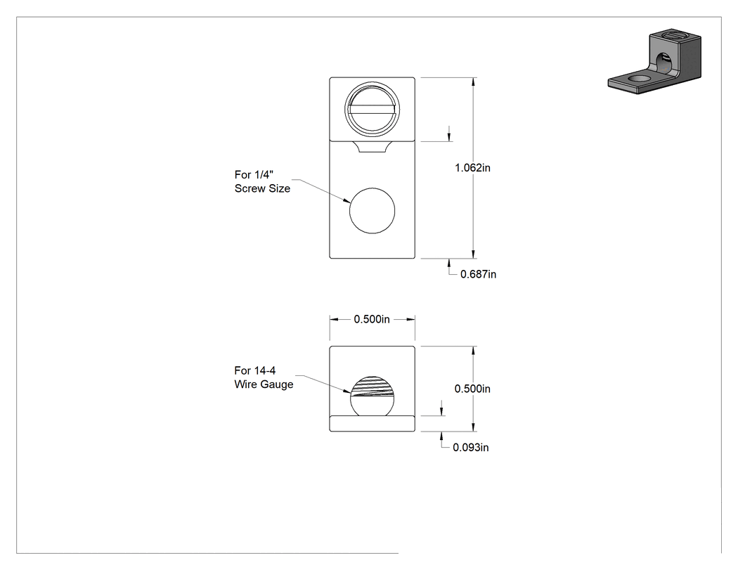 Teknik Çizim - Kalay Kaplı Alüminyum Setskur Pabucu, 1 Tel için 1 Delik, 14-4 AWG