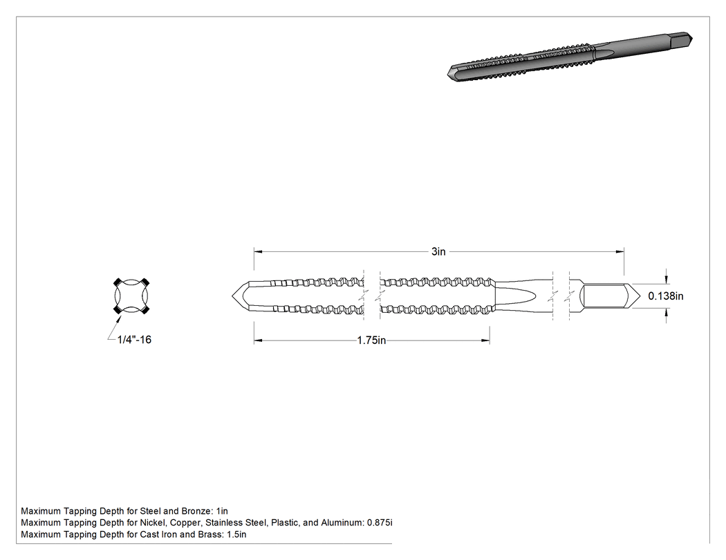 Teknik Çizim - Acme Diş Açma Kılavuzu, Sağ Yönlü, 1/4"-16 Diş Boyutu, 1-3/4" Diş Uzunluğu