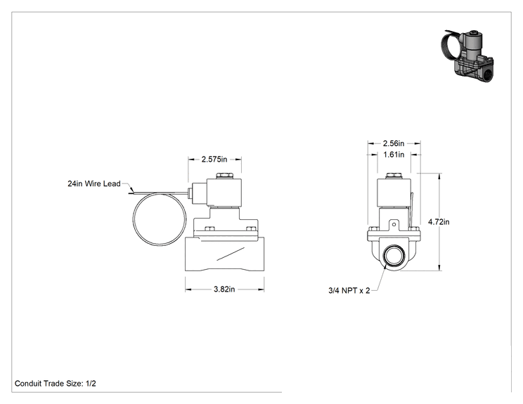 Teknik Çizim - Buhar için Solenoid Açma/Kapama Vanası, Pirinç Gövde, Normalde Açık, 24V AC, 3/4 NPT Dişi, 7 Cv