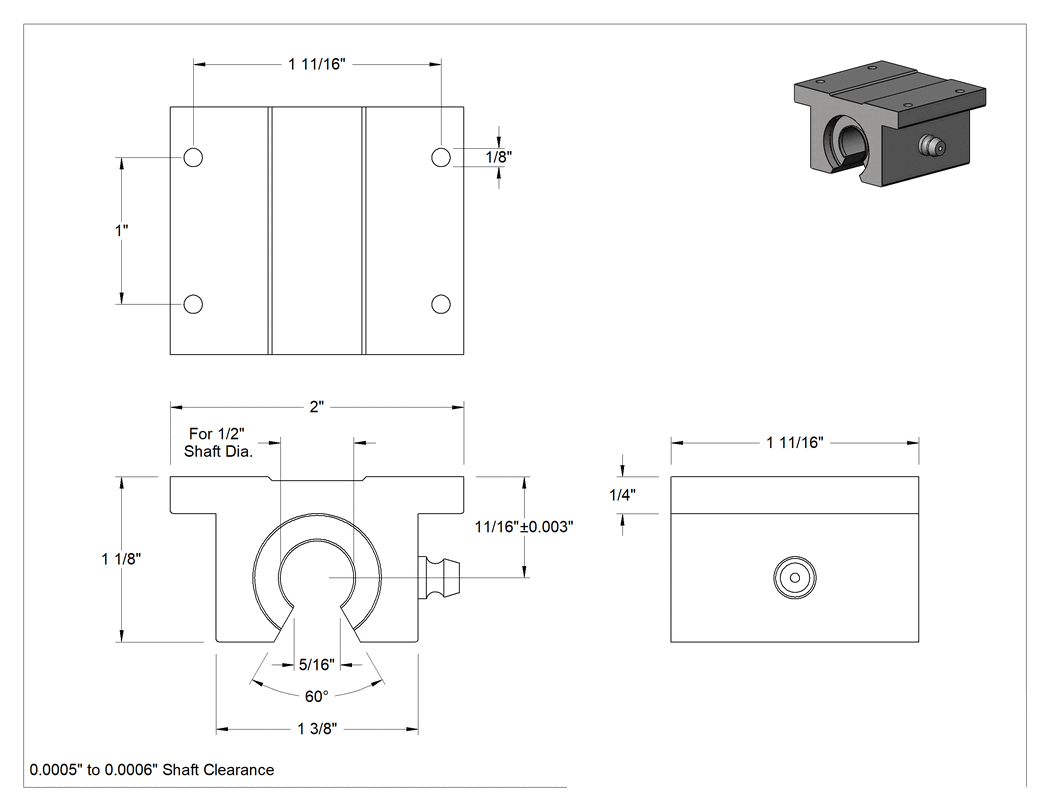 Teknik Çizim - Yüksek Hızlı Montajlı Manşonlu Lineer Rulman, Destek Rayı Şaftları için, 1/2" Mil Çapı