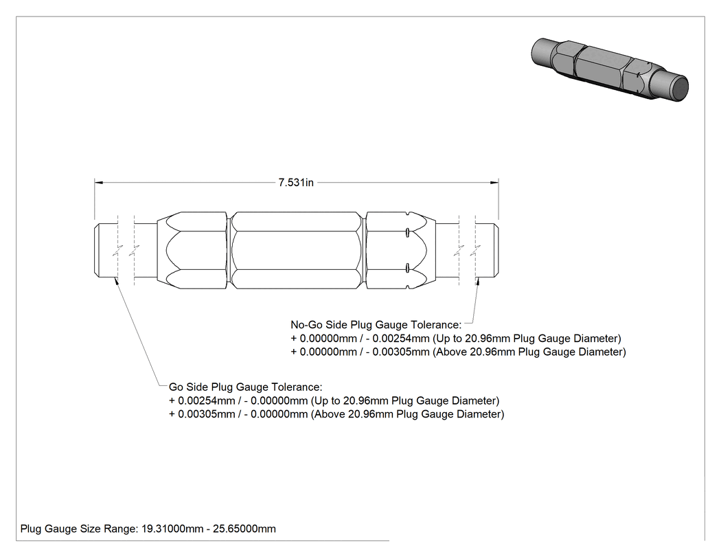 Teknik Çizim - Sınıf Z Saplı Tıkaç Ölçer, Sınıf Z, Boyut 19.3100 mm ila 25.6500 mm