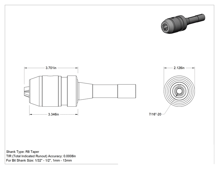 Teknik Çizim - R8 Konik Entegre Mil ile Matkap Mandreni, Anahtarlı, 1/32"-1/2" Uç Şaft Boyutu için