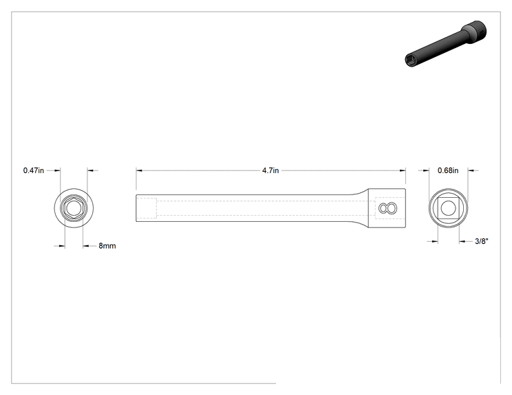 Teknik Çizim - Ekstra Derin 6 Uçlu Lokma Anahtarı, 3/8" Kare Tahrik, 8 mm Tahrik Boyutu