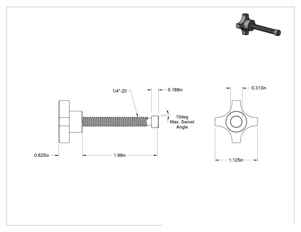 Teknik Çizim - Vida Kelepçesi, 1/4"-20 Diş Boyutu, 2" Uzunluk