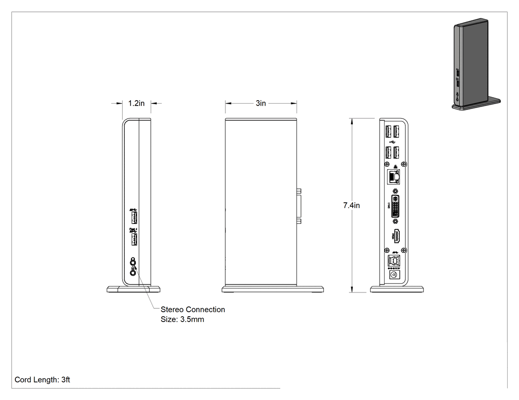 Teknik Çizim - USB Standart 3.2 Gen 1 Hub, Dişi USB A ile Erkek USB A, DVI, HDMI, RJ45 ve Ses Bağlantısı