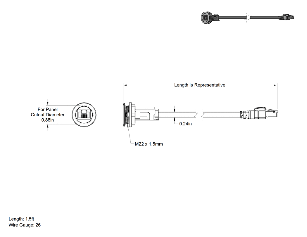 Teknik Çizim - Panele Monte Ethernet Kablosu, Ekranlı, Vidalı, 1-1/2 Fit Uzunluk, Siyah Bağlantı Ucu