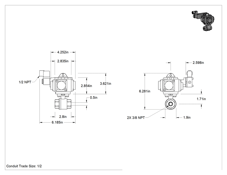 Teknik Çizim - Yüksek Akışlı Hava Tahrikli NEMA 4X 316 Paslanmaz Çelik Gövde Valfi, DIN Bağlantı, Çift Etkili, 3/8 NPT Dişi