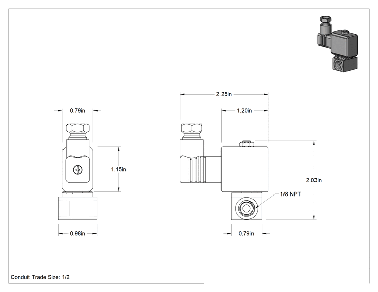 Teknik Çizim - Soğutma Suyu için Kompakt Solenoid Açma/Kapama Valfi, 1/8 NPT Dişi, DIN Bağlantılı Pirinç Gövde, 24V AC, 0.07 Cv