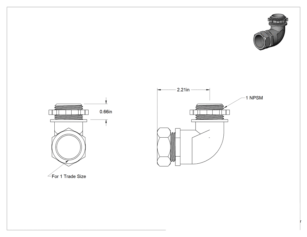 Teknik Çizim - 1 İnce Cidarlı (EMT) Çelik Kanal için Dişi x NPSM Erkek 90 Derece Adaptör