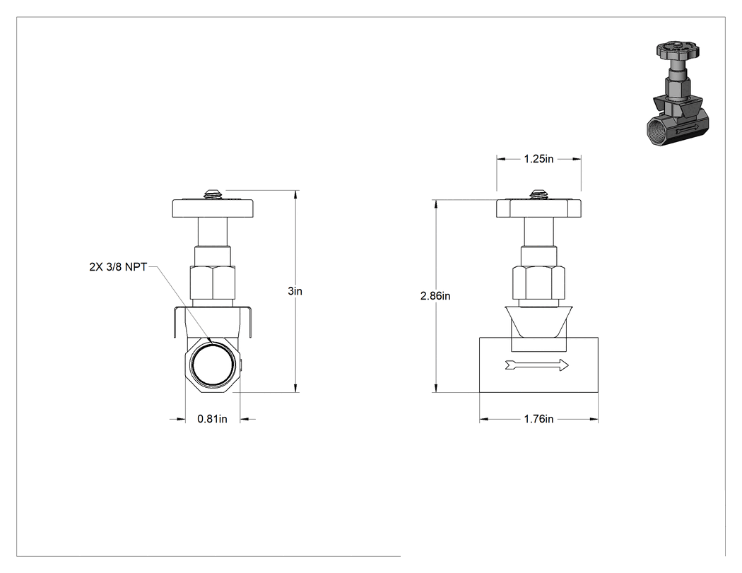 Teknik Çizim - Yakıt için Akış Ayar Valfi, 3/8 NPT Dişi