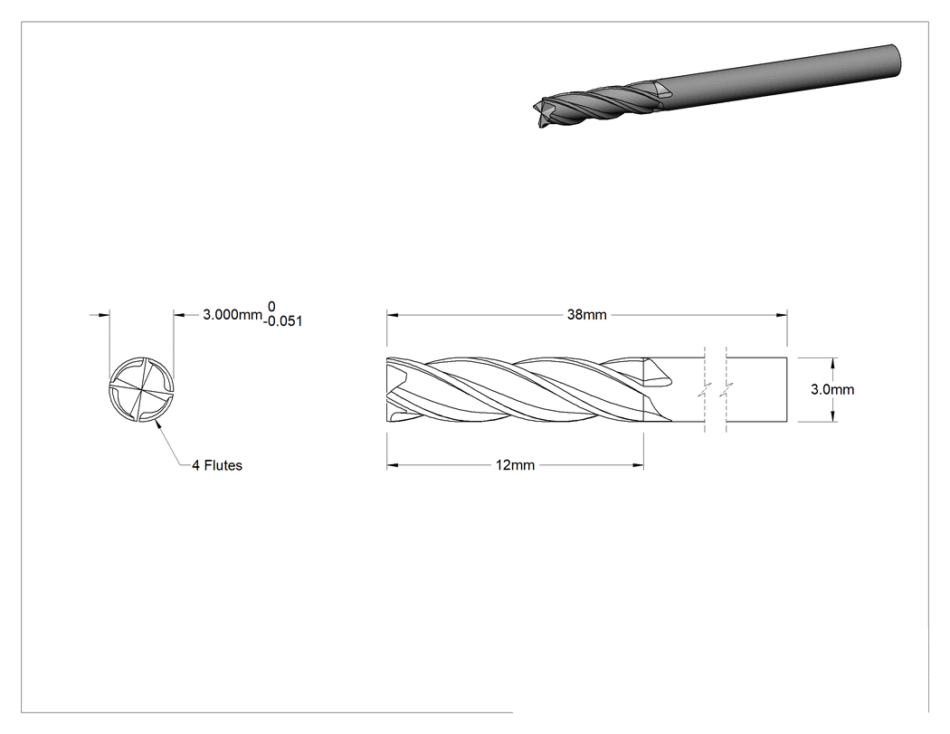 Teknik Çizim - Kaplamasız Karbür Kare 4 Kanallı Uçlu Freze, 3 mm Freze Çapı, 38 mm Toplam Uzunluk