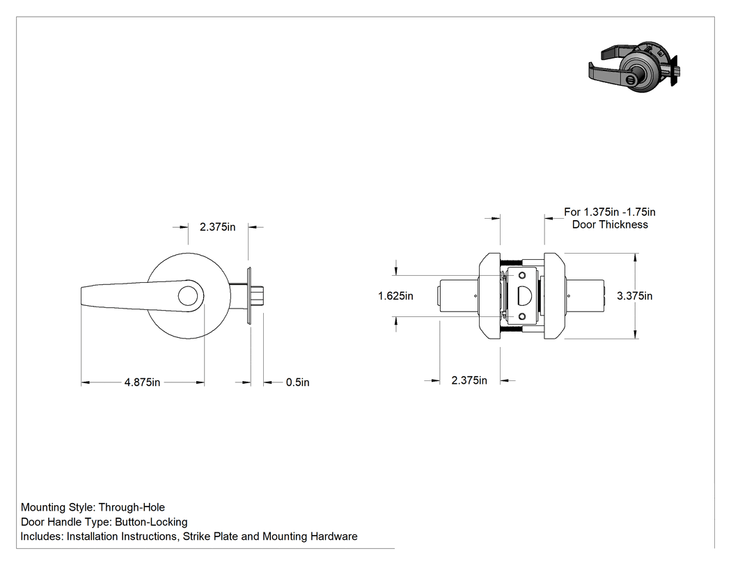 Teknik Çizim - Sargent 6500 Kapı Kolu, Düğme Kilitli, 2-3/8" Boğaz Mesafesi