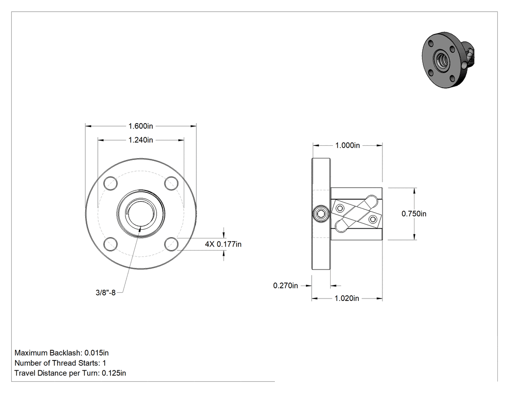 Teknik Çizim - Flanşlı Top Somun, 3/8"-8 Sağ Diş
