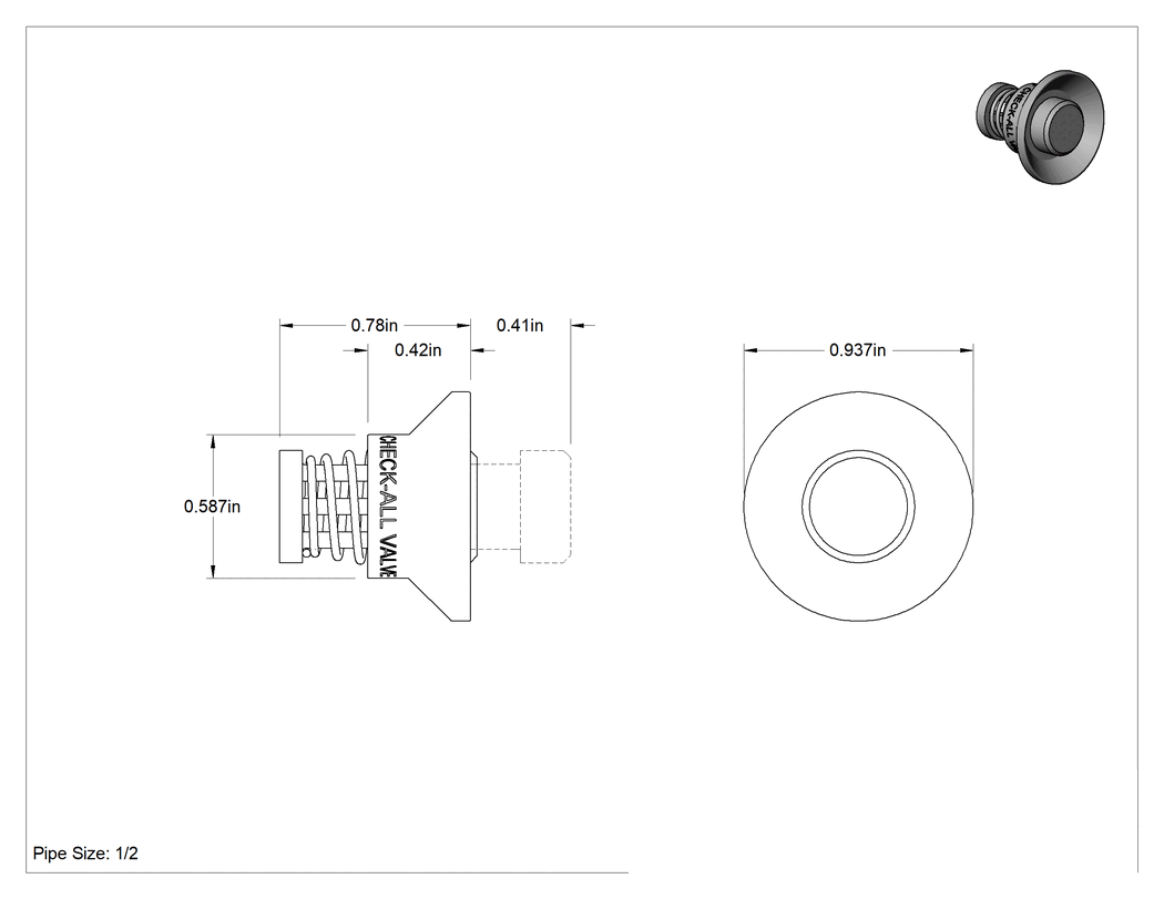 Teknik Çizim - Birleştirme Ekli Çekvalf, 1/2 NPT Dişi