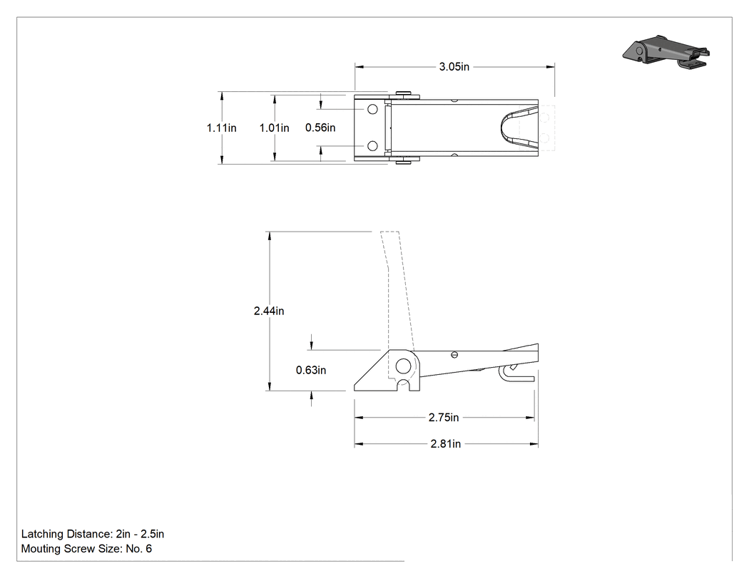 Teknik Çizim - Ayarlanabilir Tutamaklı Çekme Mandalı, 300 Serisi Paslanmaz Çelik, 3-1/16" Uzunluk x 1-1/8" Genişlik