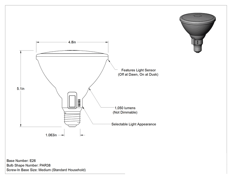 Teknik Çizim - Alacakaranlıktan Şafağa Vidalı Tabanlı Ampul, PAR38, 100 W Eşdeğer Akkor, 1050 lümen
