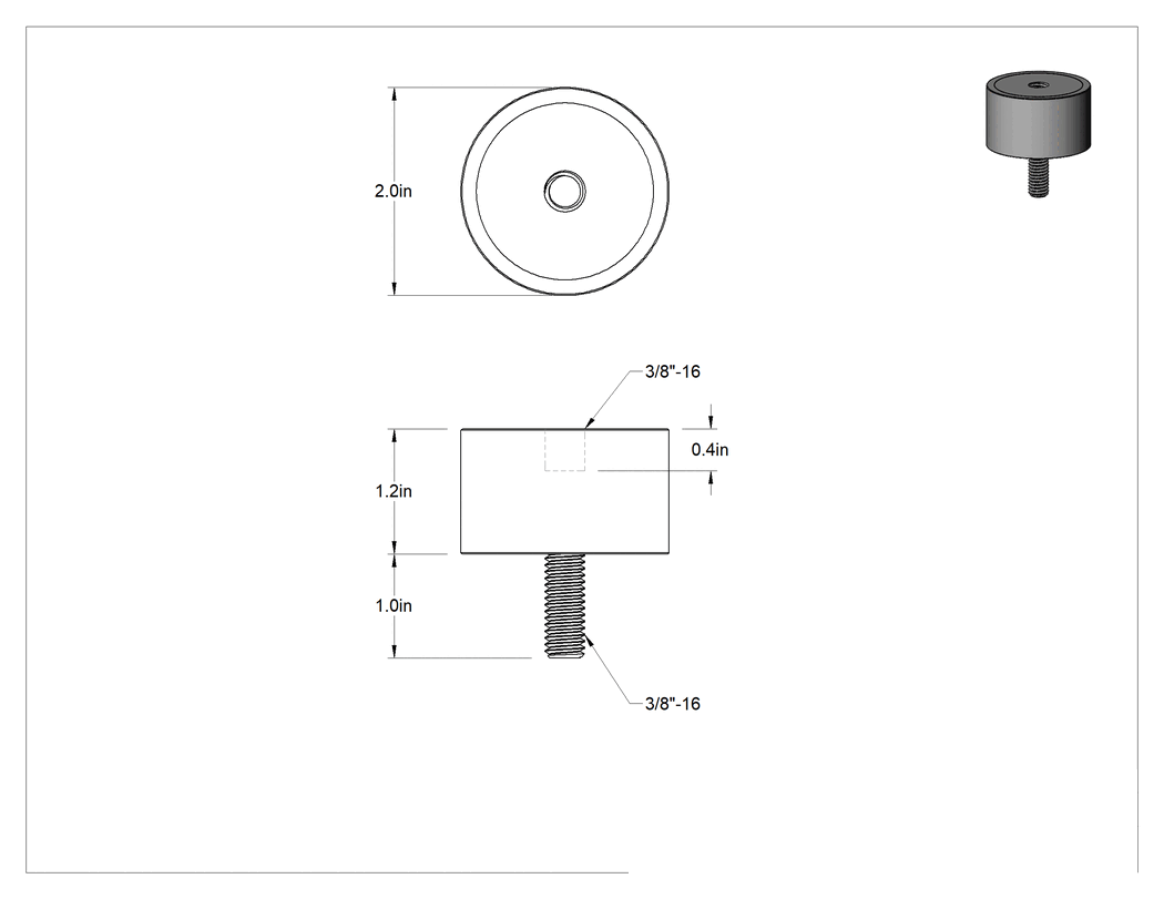Teknik Çizim - Doğal Kauçuk Titreşim Sönümleyici Sandviç Montaj, 3/8"-16 Dişli 304 Paslanmaz Çelik Saplama ve Ek Parçalı, 370 lbs. Kapasite