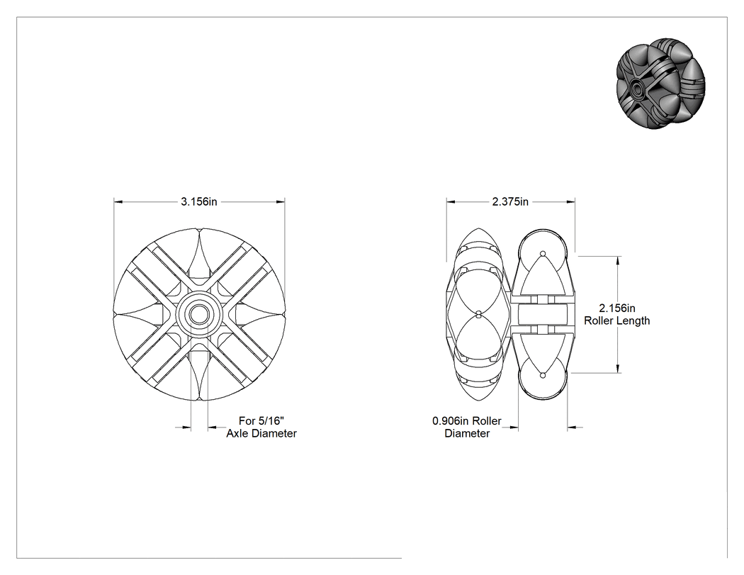 Teknik Çizim - Asetal Çok Yönlü Paten Tekerleği, İki adet 3-5/32" Çaplı Tekerlekli Düz Delik, 5/16" Aks Çapı için