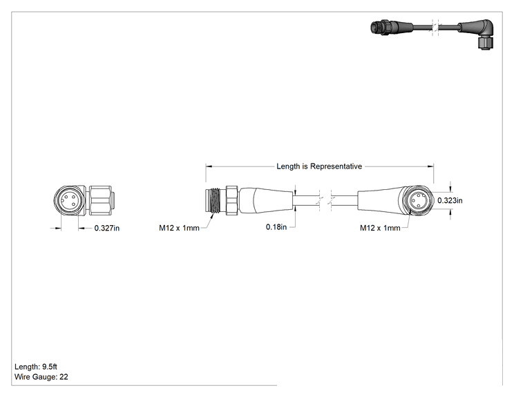 Teknik Çizim - Gıda Endüstrisi Mikro M12 Kablo, Fiş x 90 Derece Dirsek Soketi, 3 Kutup, 9-1/2 Fit Uzunluk