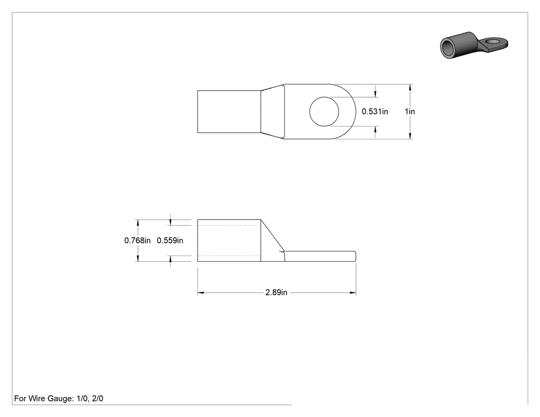 Teknik Çizim - Lehim ve Sıkıştırma Kaynak Pabucu, 1-2/0 AWG için