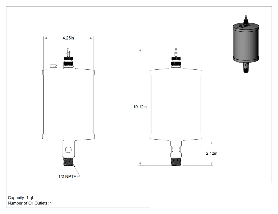 Teknik Çizim - Akış Ayar Valfli Yağ Dağıtıcı, Maksimum 250°F, 1/2 NPTF Erkek Çıkış, 1 qt. Kapasite