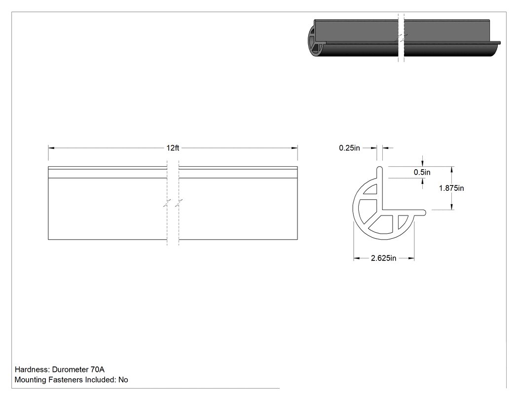 Teknik Çizim - Kabarık Profilli EPDM Kauçuk Köşe Koruyucu, 1-7/8" Genişlik, 12 Fit Uzunluk