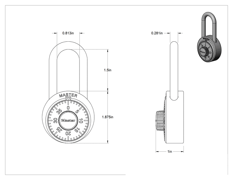 Teknik Çizim - Master Lock 1500 Asma Kilidi Benzeri Şifreli Kilit, 1-1/2" Dikey Mapa Açıklığı, 02-24-34 Kombinasyon