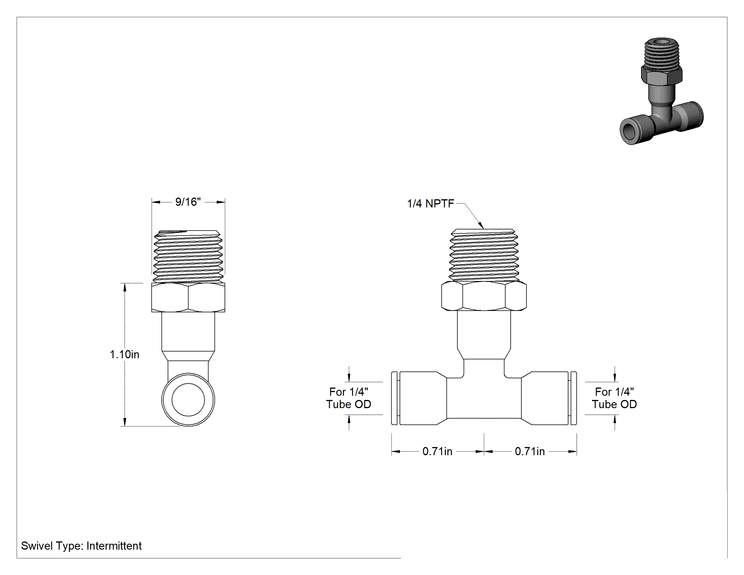 Teknik Çizim - Sıcak İçme Suyu Bas-Bağlan Bağlantı Elemanı, Boru Dış Çapı x 1/4 NPTF Erkek için 1/4" Döner Hat Üstü T