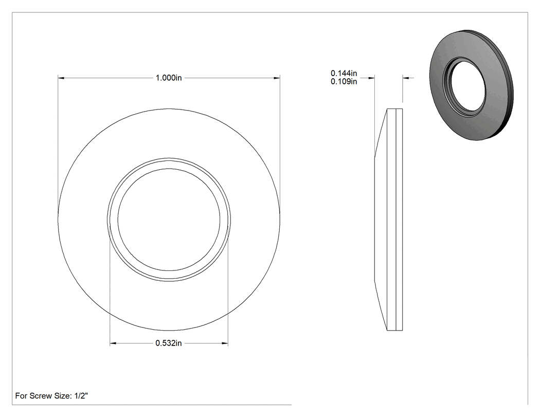 Teknik Çizim - Alüminyum ve Neopren Yapıştırılmış Sızdırmazlık Pulları, 1/2" Vida Boyutu için, 0.532" İç Çap, 1.000" Dış Çap