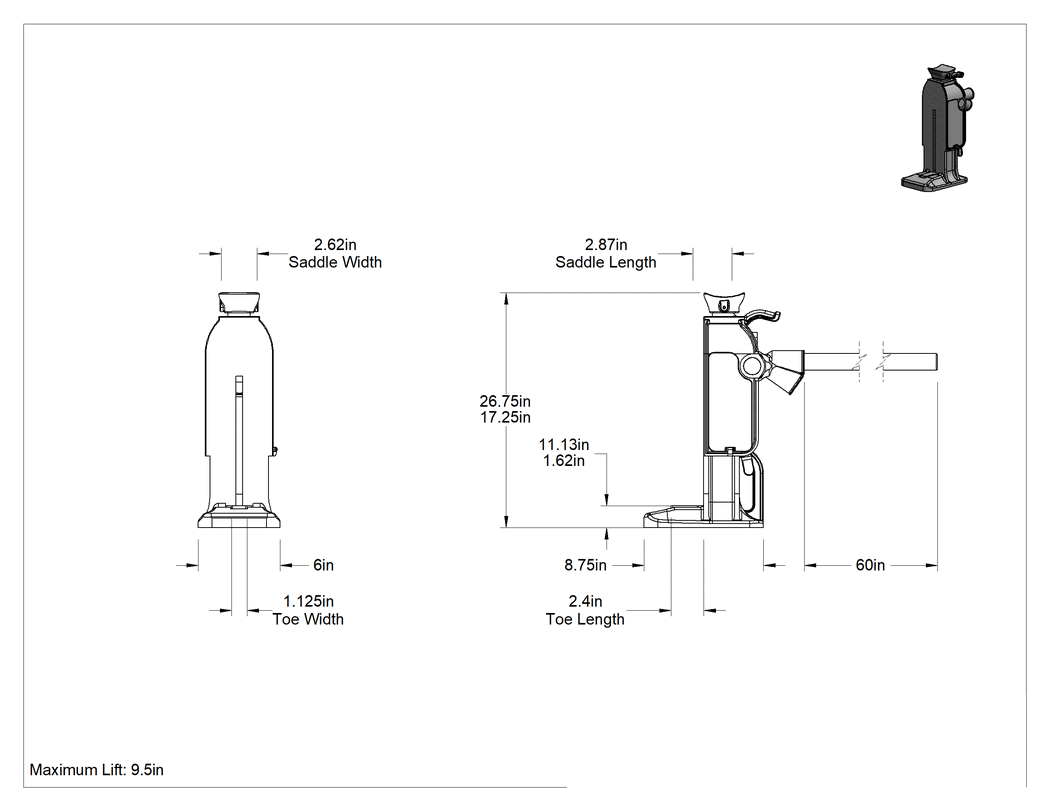 Teknik Çizim - İki Yükseklikte Cırcırlı Kriko, Demir, 10 Ton/20000 lbs. Kapasite, 9-1/2" Maksimum Kaldırma
