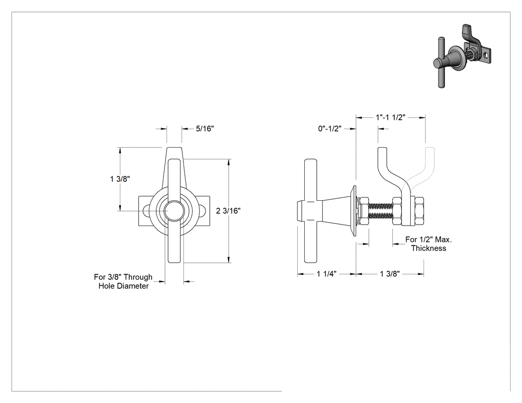 Teknik Çizim - T-Kollu Çok Noktalı Mandal, 1/2" Maksimum Kalınlık için, Ters Çevrilebilir Ofset Kamlı, Çinko Kaplamalı