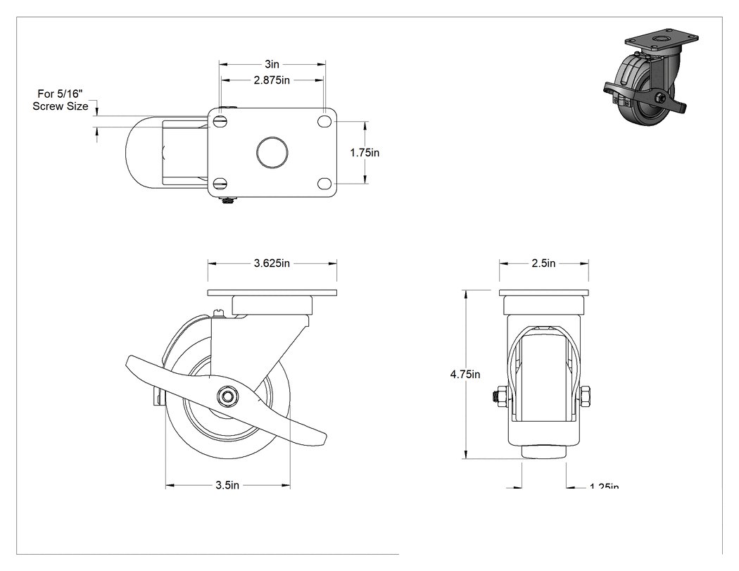 Teknik Çizim - Creston Tekerlek, Çevreleyen Frenli ve 3-1/2" Çapında 80A Kauçuk Tekerlekli Döner
