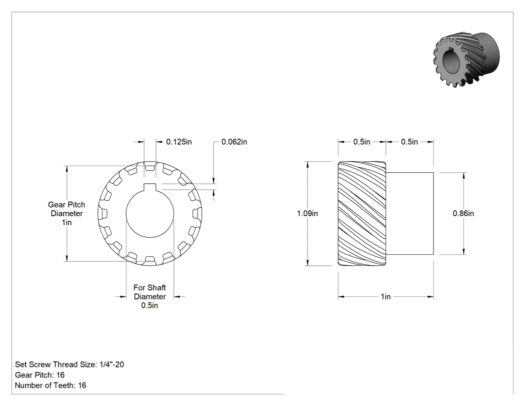 Teknik Çizim - Yüksek Güçlü Metal Dişli, Sağ Yönlü, 16 Adım, 16 Diş