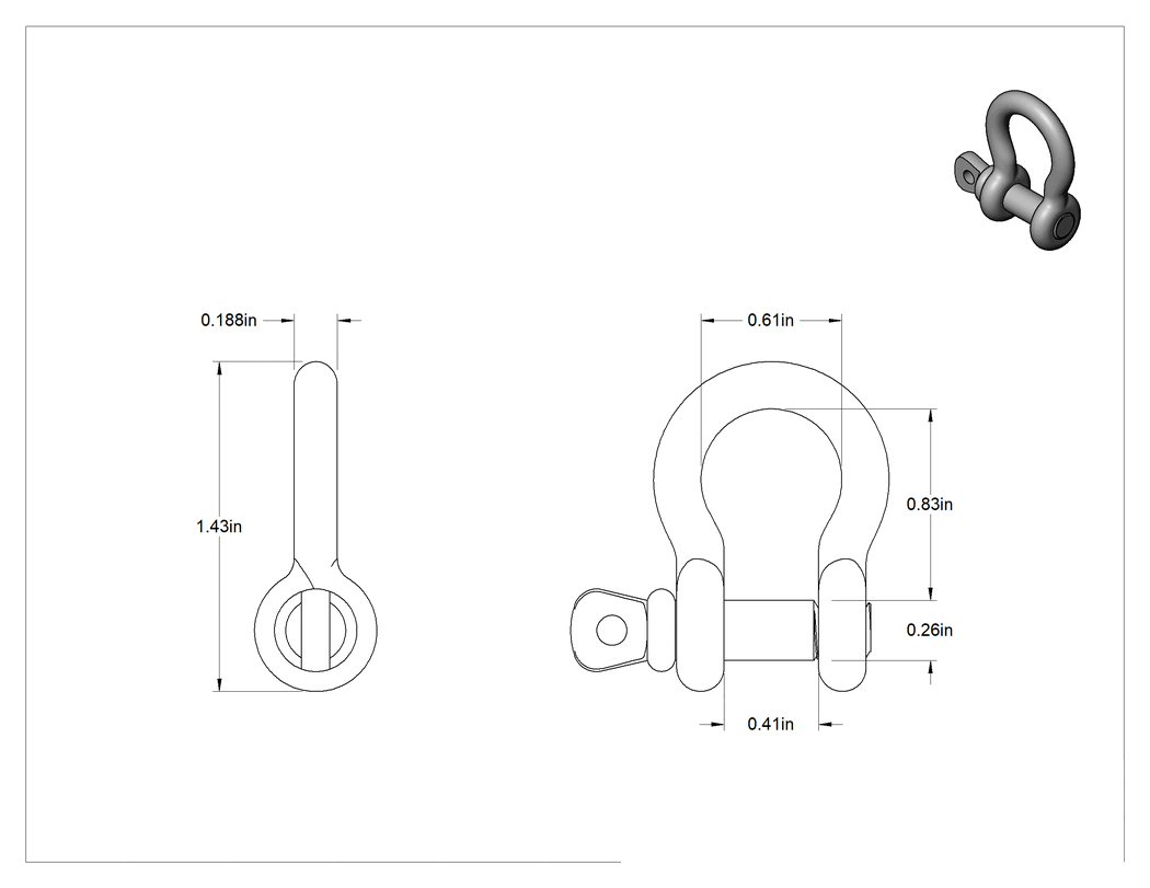 Teknik Çizim - 316 Paslanmaz Çelik Vidalı Pimli Şakel - Kaldırma için, 3/16" Kalınlık
