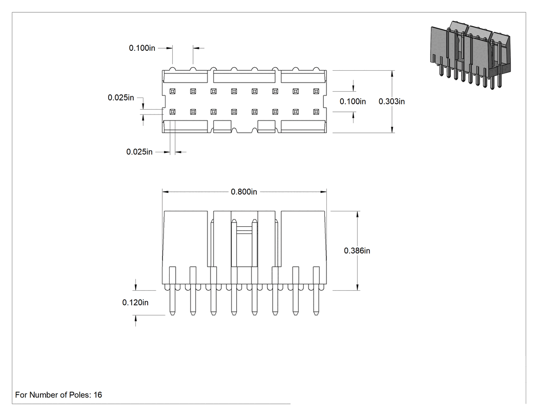 Teknik Çizim - 16 Kutuplu Başlıklar, Amphenol Devre Kartı Konektörleri için 2 Sıra x 8 Sütun