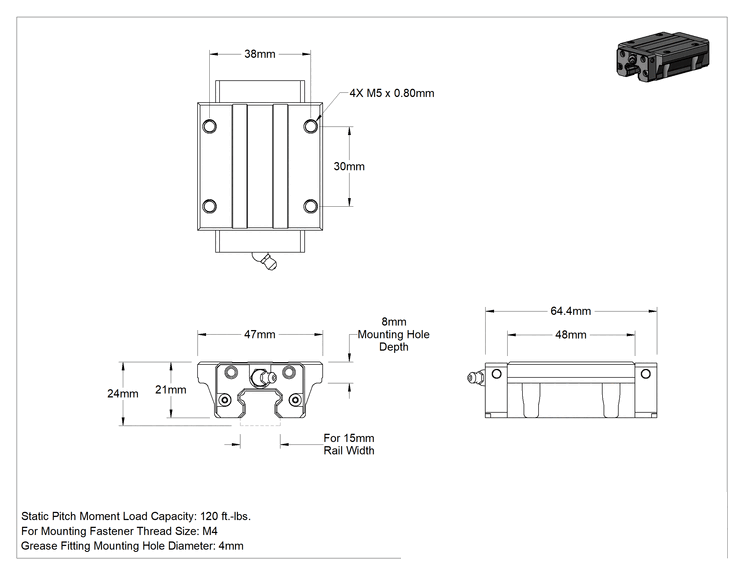 Teknik Çizim - Rulmanlı Taşıyıcı, Flanşlı, 15 mm Genişlikli Ray için, 3150 lbs. Kapasite, 24 mm Yükseklik