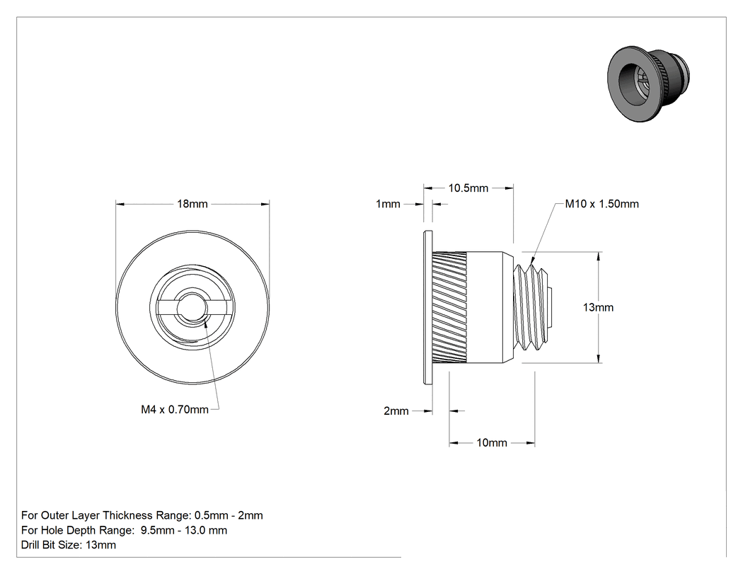 Teknik Çizim - Sandviç Paneller için Pop Somun, 9.5 mm ila 13 mm Delik Derinliği için, M4 x 0.7 mm Ek Parça Boyutu