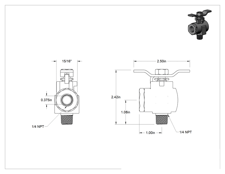 Teknik Çizim - Pirinç Dirsek Açma/Kapama Vanası, T-Saplı, 1/4 NPTF Erkek x 1/4 NPTF Dişi